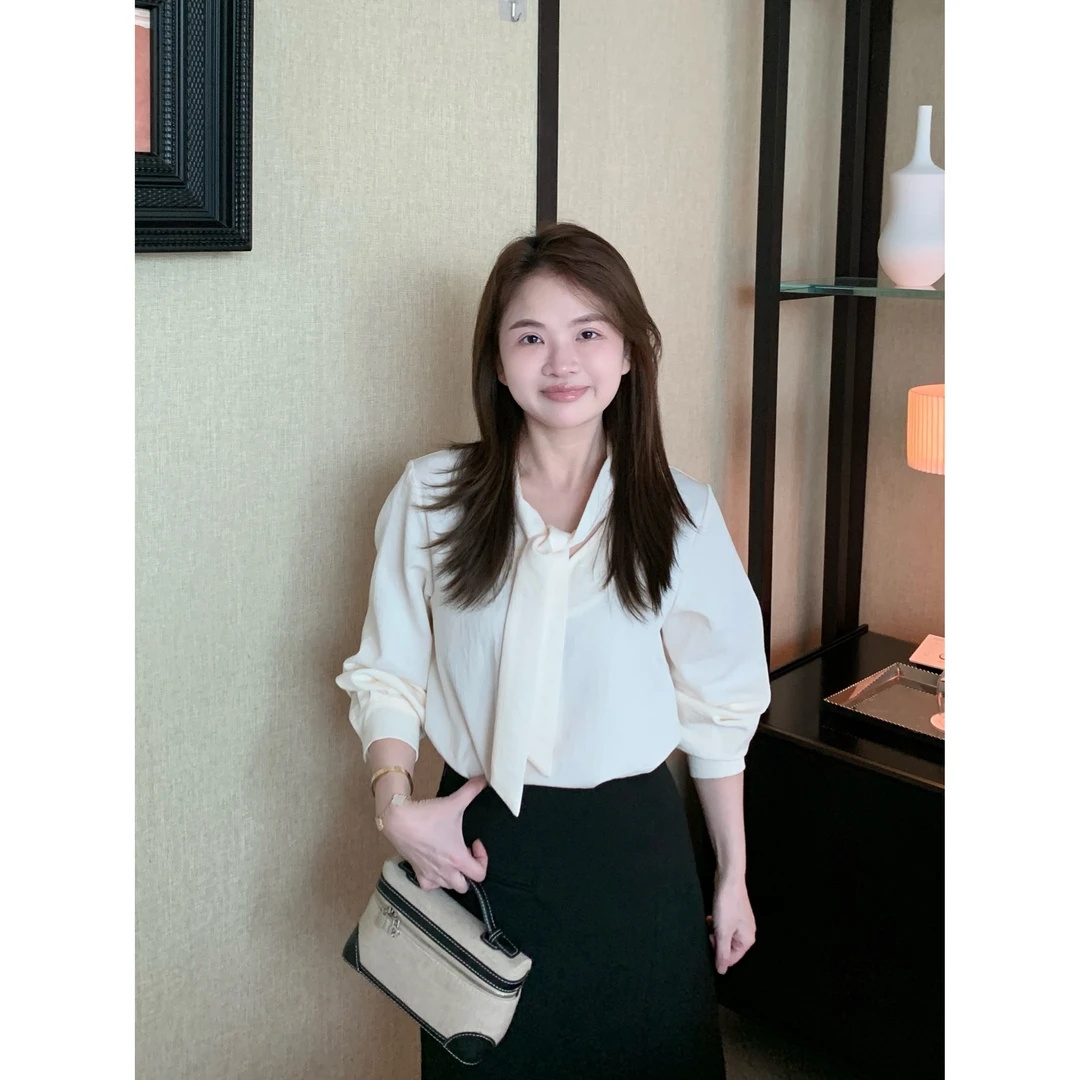 YO定制设计感气质飘带V领衬衫春季法式简约百搭宽松纯色长袖衬衣