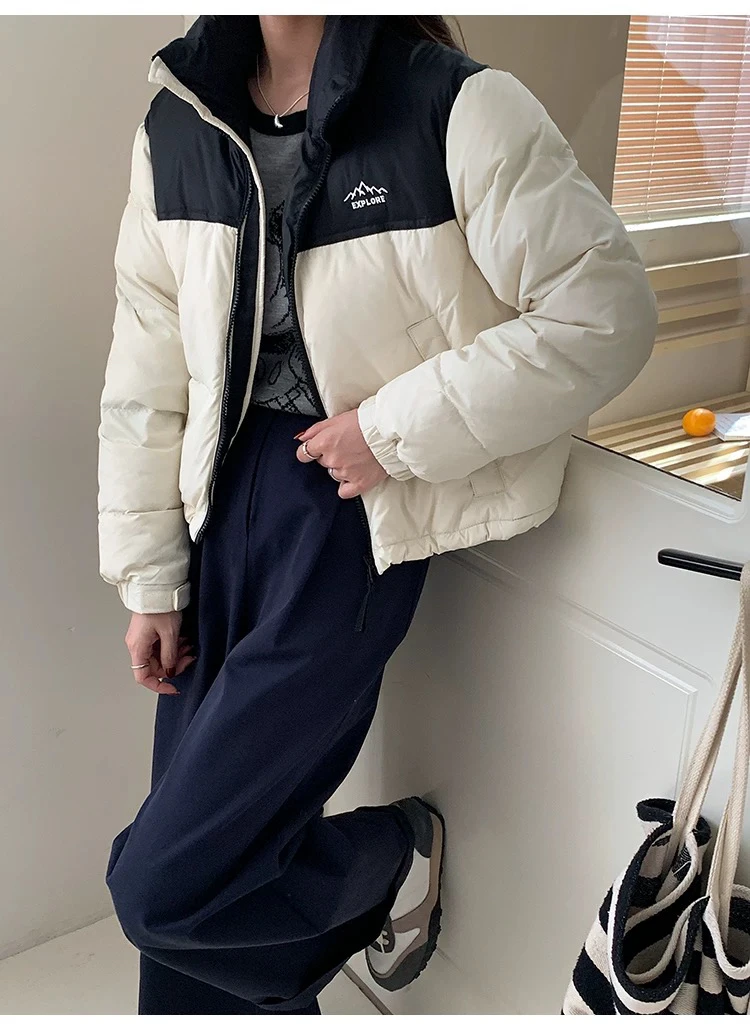 冰山刺绣立领保暖时尚女优等品学院风拼色短款女装羽绒服女