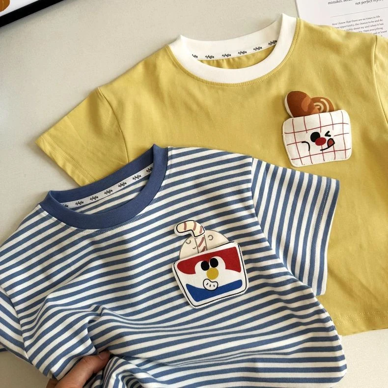 推荐入!可爱卡通儿童短袖T恤夏季男童纯棉条纹上衣宝宝半袖T恤潮