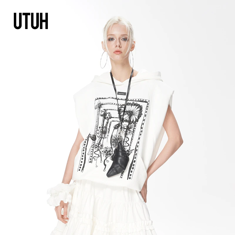 UTUH 白色无袖不规则下摆设计手绘艺术画连帽卫衣休闲 TDWWS1N034