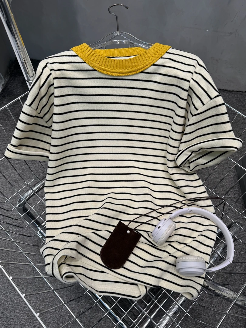 【T恤系列】黄色领条纹 织衫领短袖 韩版百秋冬款 休闲T恤衫