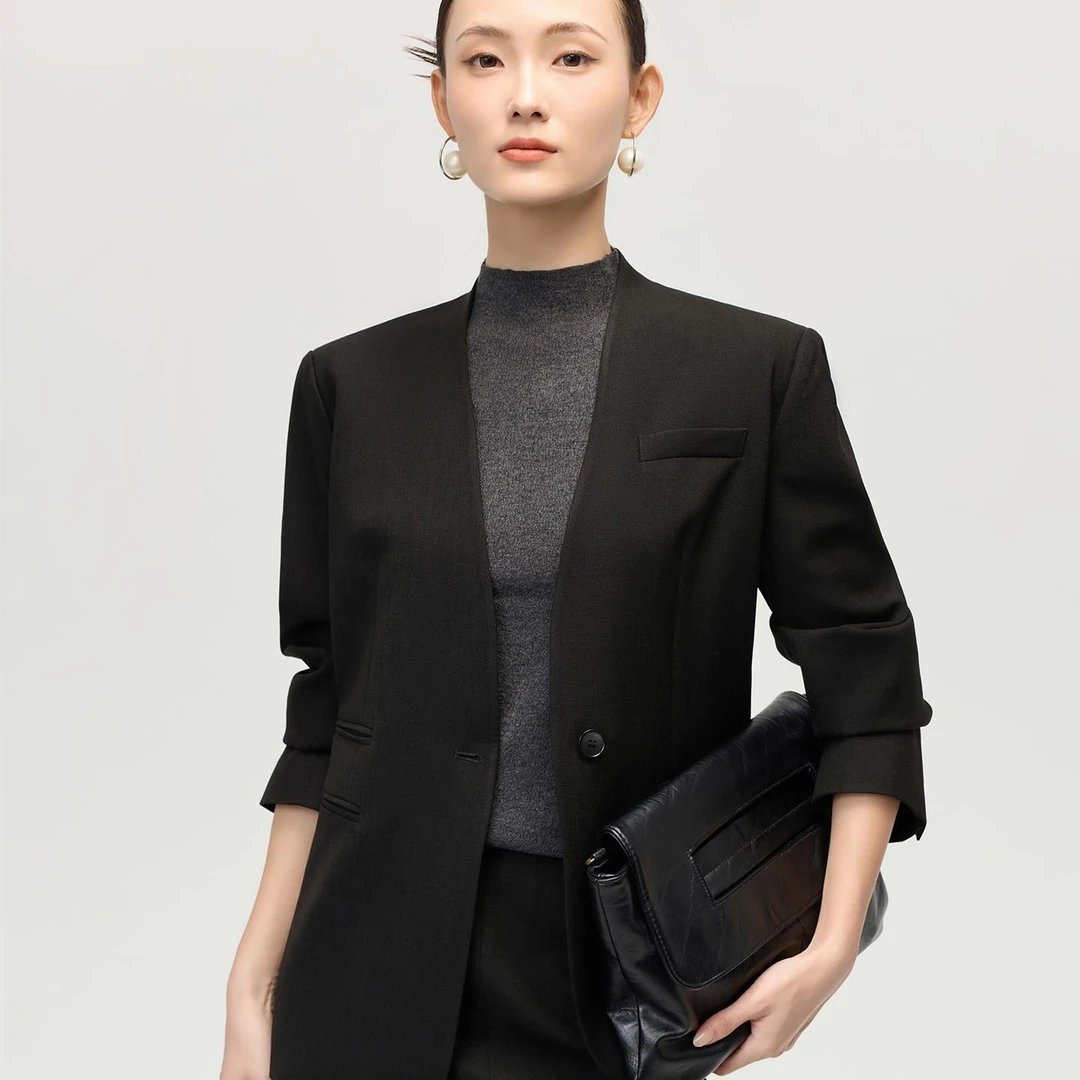 醋酸混纺黑色西装外套女2025季新款修身一粒扣职业装气质商务正装