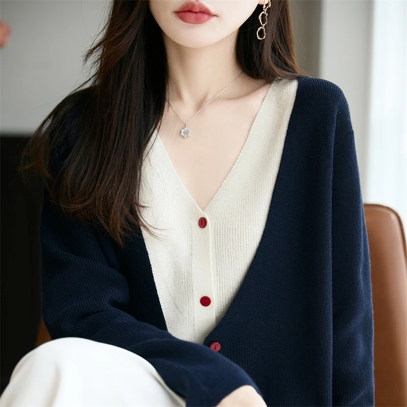 哥弟阿玛施正品秋冬新款慵懒风简约假两件撞色针织开衫女宽松外搭