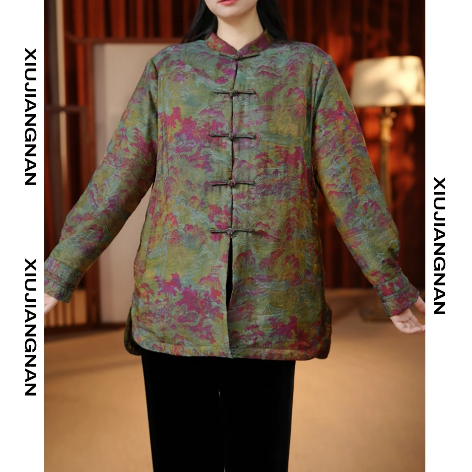 88267-宽松型中国风立领厚款提花棉衣外套女装盘扣短款棉服