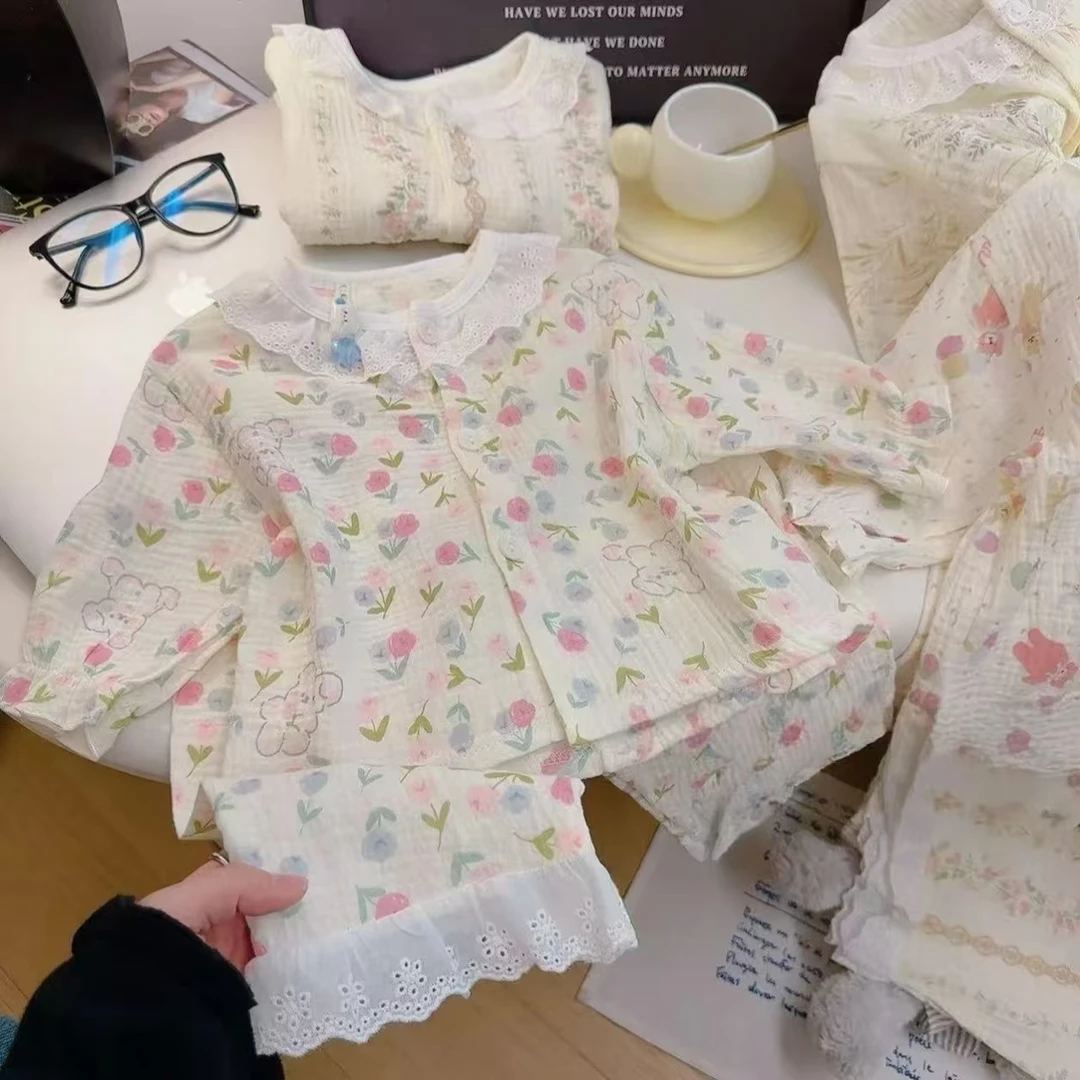 【春暖花开】2025新款亲子装女童洋气家居服纯棉双层棉纱花边套装