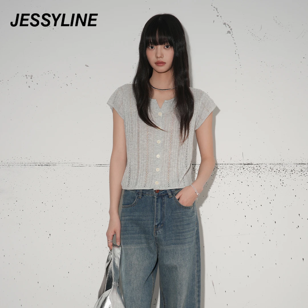 jessyline2025夏季新款 杰茜莱灰色薄款针织开衫女 523204602