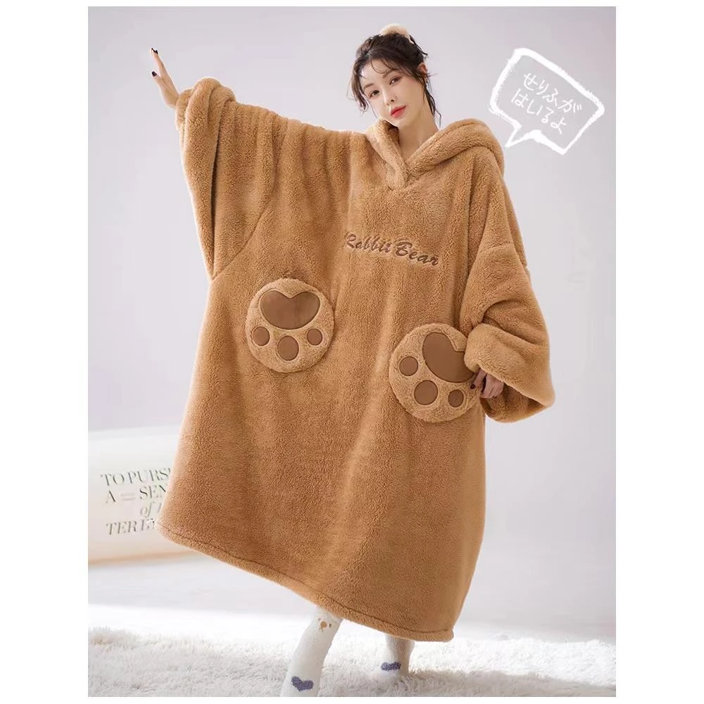 超大码宽松睡衣女秋冬款毛绒睡袍加绒加厚珊瑚绒情侣可外穿家居服