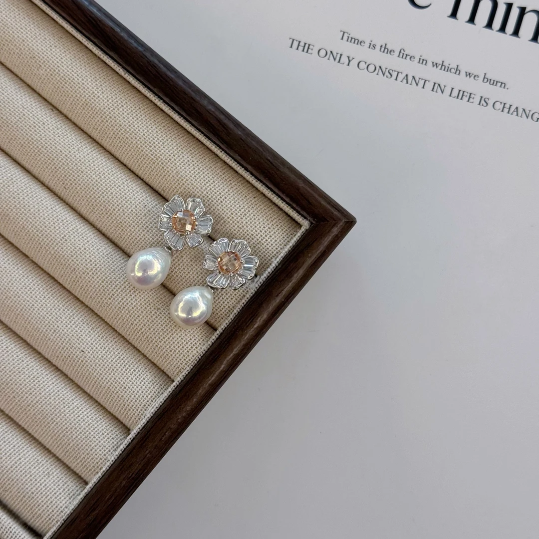 【珠纪儿】淡水珍珠9-11mm小小巴洛克珍珠耳坠向日葵珍珠耳坠S925