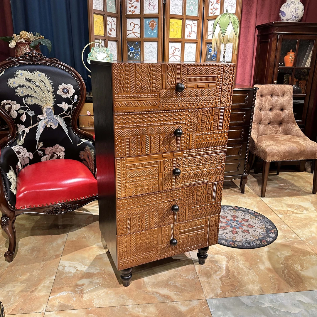 复古客厅中式古典办公抽屉式置物雕花大容量五斗柜 60*42*115cm