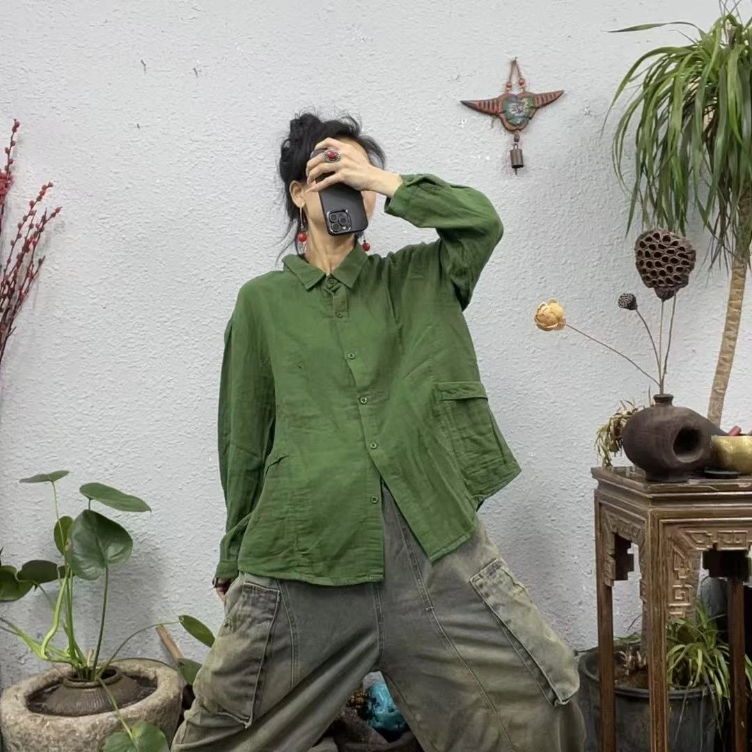 908双层纱两侧口袋长袖衬衫上衣（前63后67胸围130