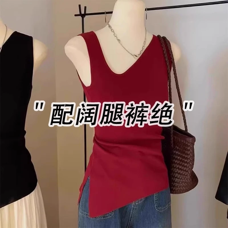 不规则红色斜肩针织吊带背心女夏外穿法式性感设计感小众无袖上衣