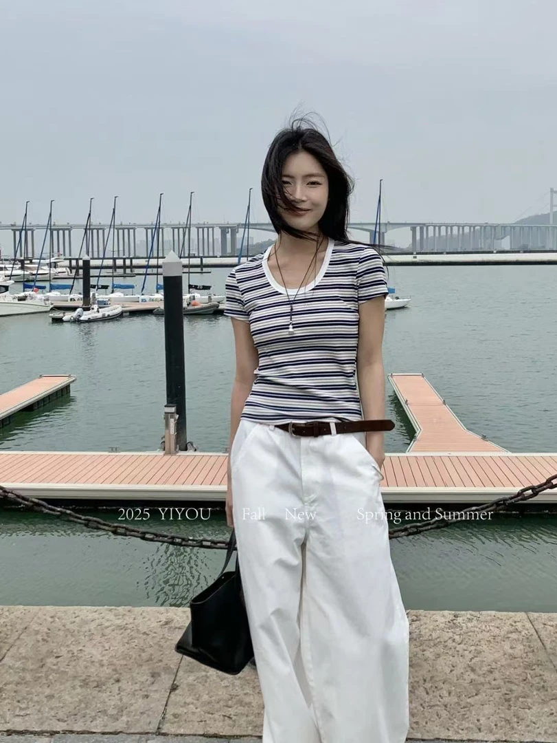 YIYOU@F26511 日系撞色条纹圆领正肩修身百搭短袖 7-3