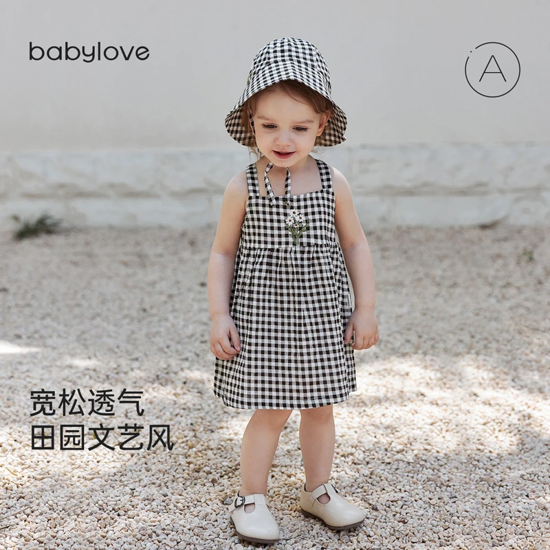 babylove女宝宝夏装连衣裙文艺风吊带裙子法式格纹无袖透气背心裙