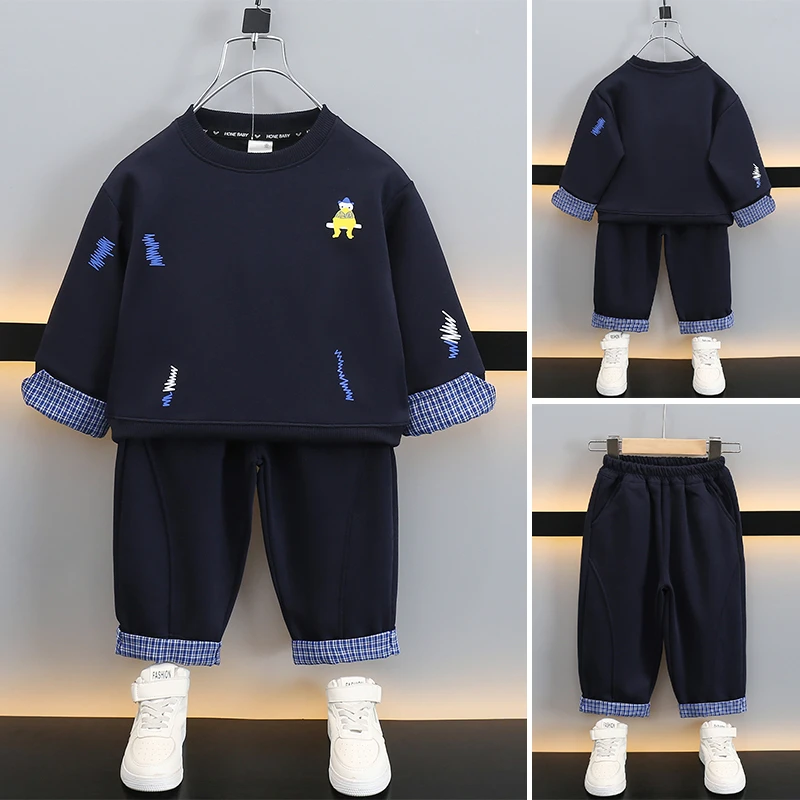 男童春装套装2025新款儿童洋气拼袖卫衣男孩宝宝春秋季休闲两件套