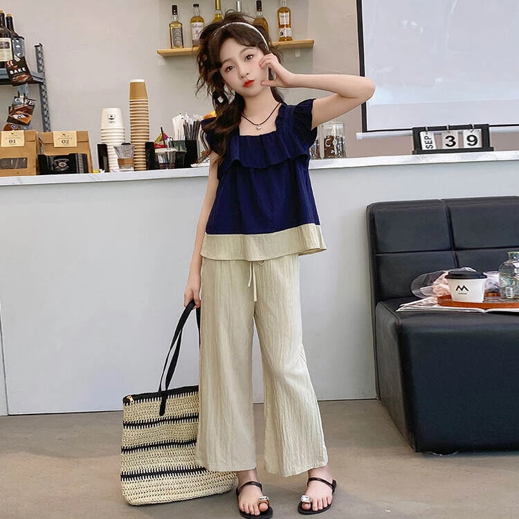 宽松夏装洋气阔腿分体衣宝宝春秋儿童休闲潮流童装飞袖冰丝两件套