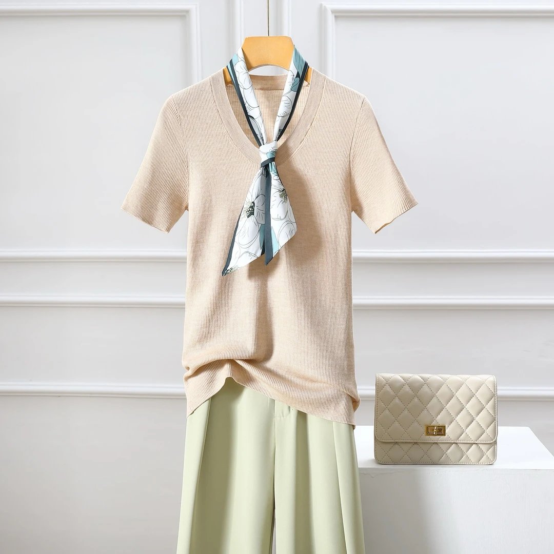 女士精仿100%美丽诺羊毛针织修身百搭时尚U领竖坑条短袖