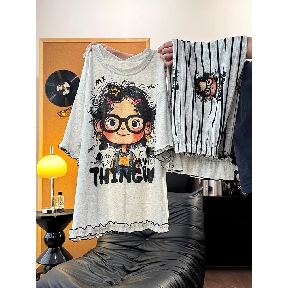 【卡通印花套装】洋气减龄短袖睡衣女2025新款夏季亲肤长裤家居服