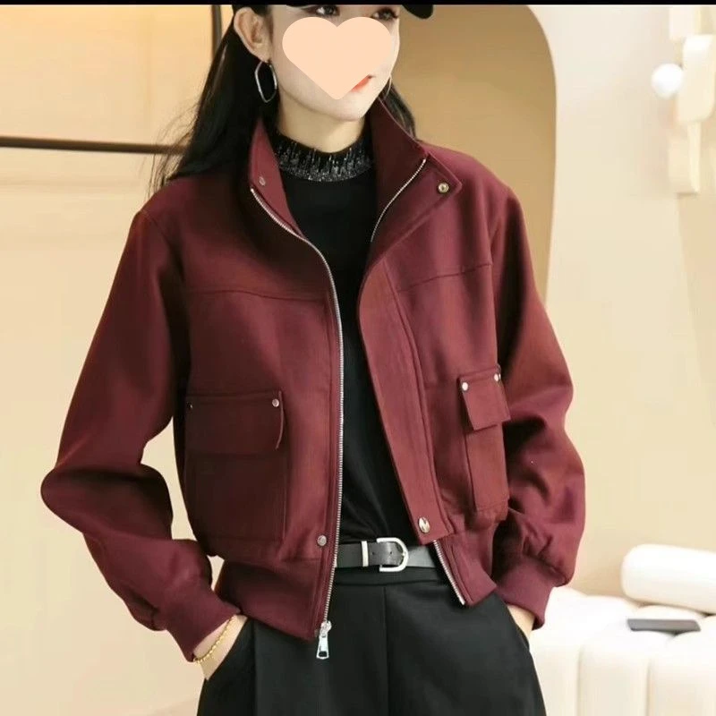 薄款安可拉红立领短款外套女2025春秋新款休闲洋气百搭显瘦夹克上