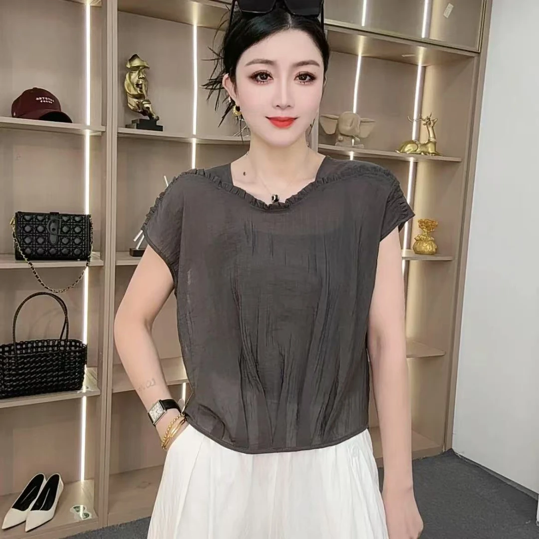 夏季新款女士时尚休闲洋气纯色百搭宽松显瘦衬衫气质潮流上衣短袖