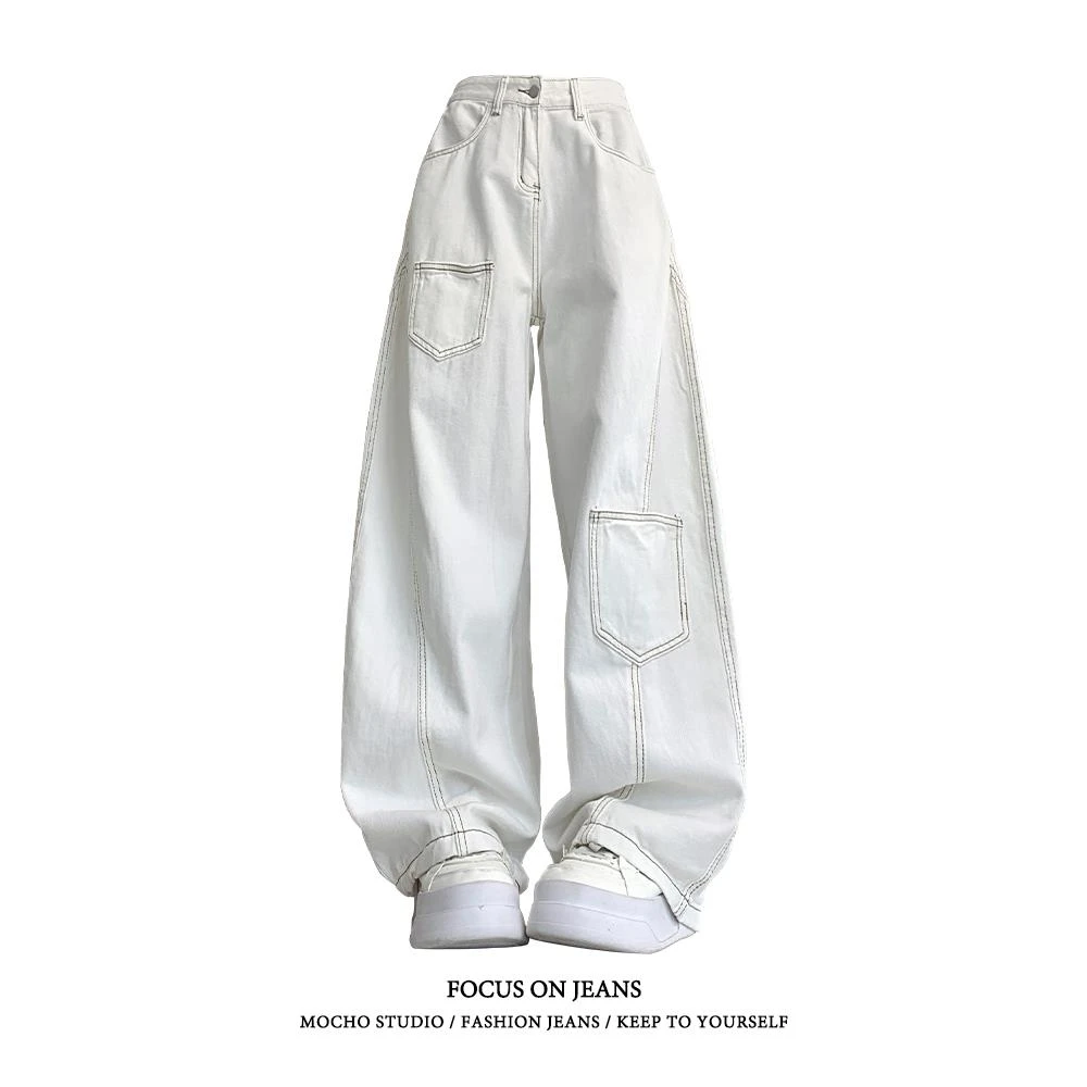 美式复古白色高腰弯刀牛仔裤女夏季高街设计感宽松显瘦垂感阔腿裤