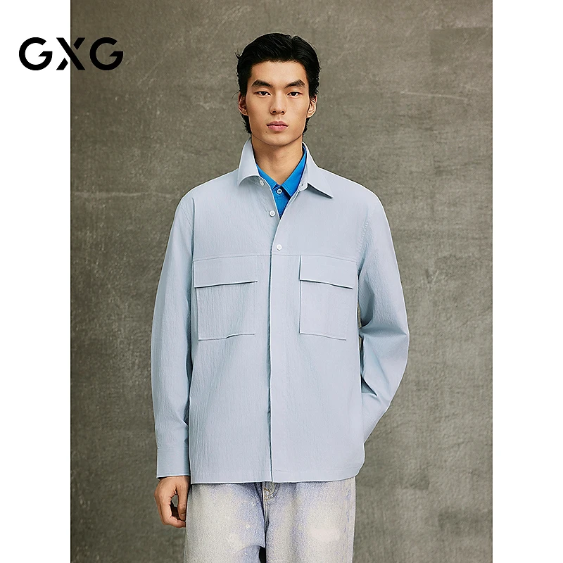 GXG男装 浅蓝色泡泡纱简约时尚翻领长袖衬衫春秋新品 #G25X031004