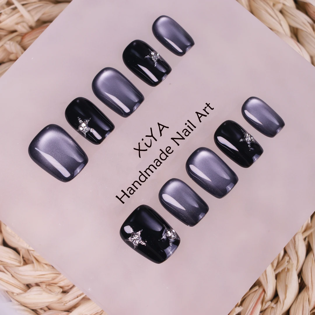 纯手工黑色星芒猫眼新短款美甲穿戴甲高质量显白甲片