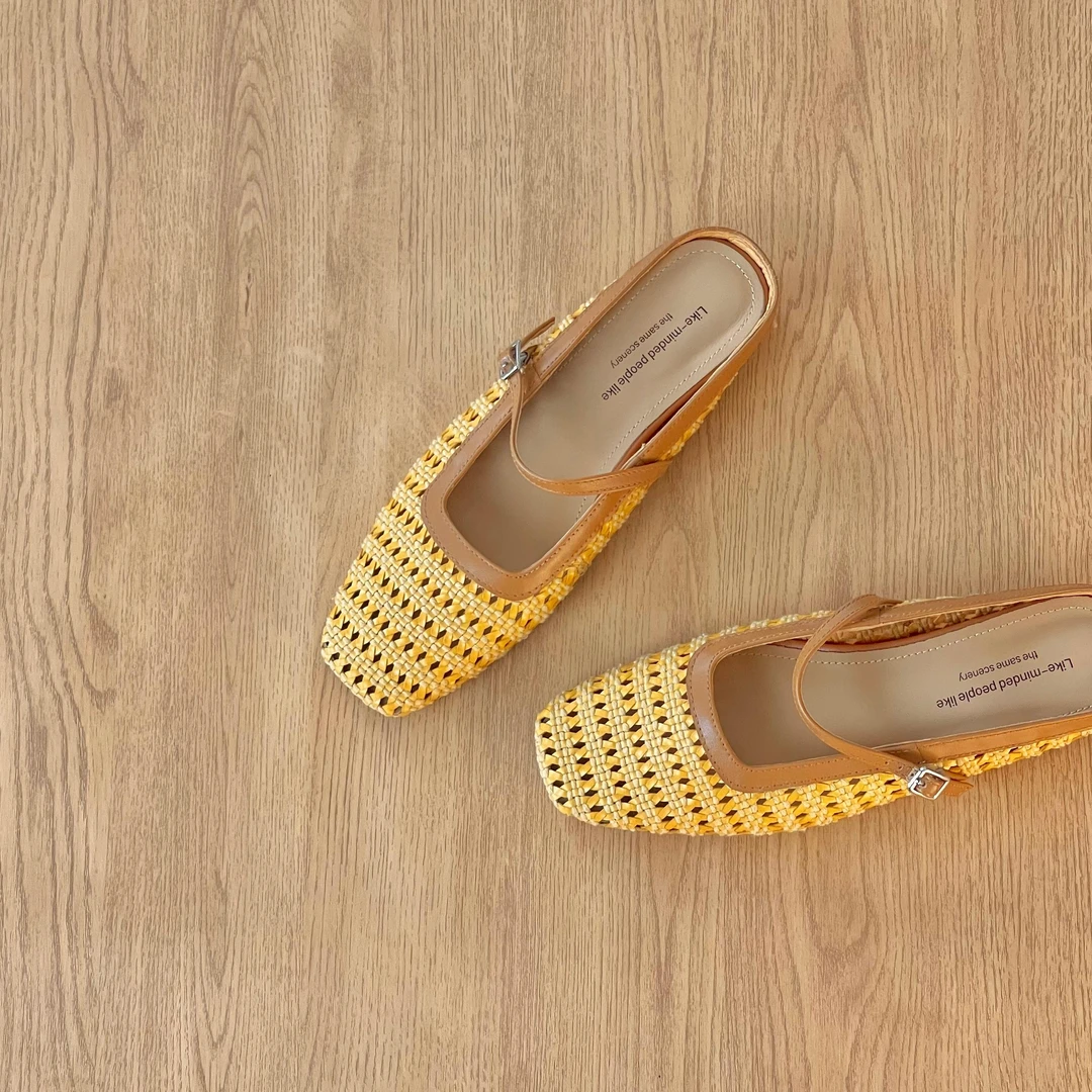 HUSSLOVE 头层牛皮·跟高4CM·百搭度假风编织显瘦内增高半拖凉鞋