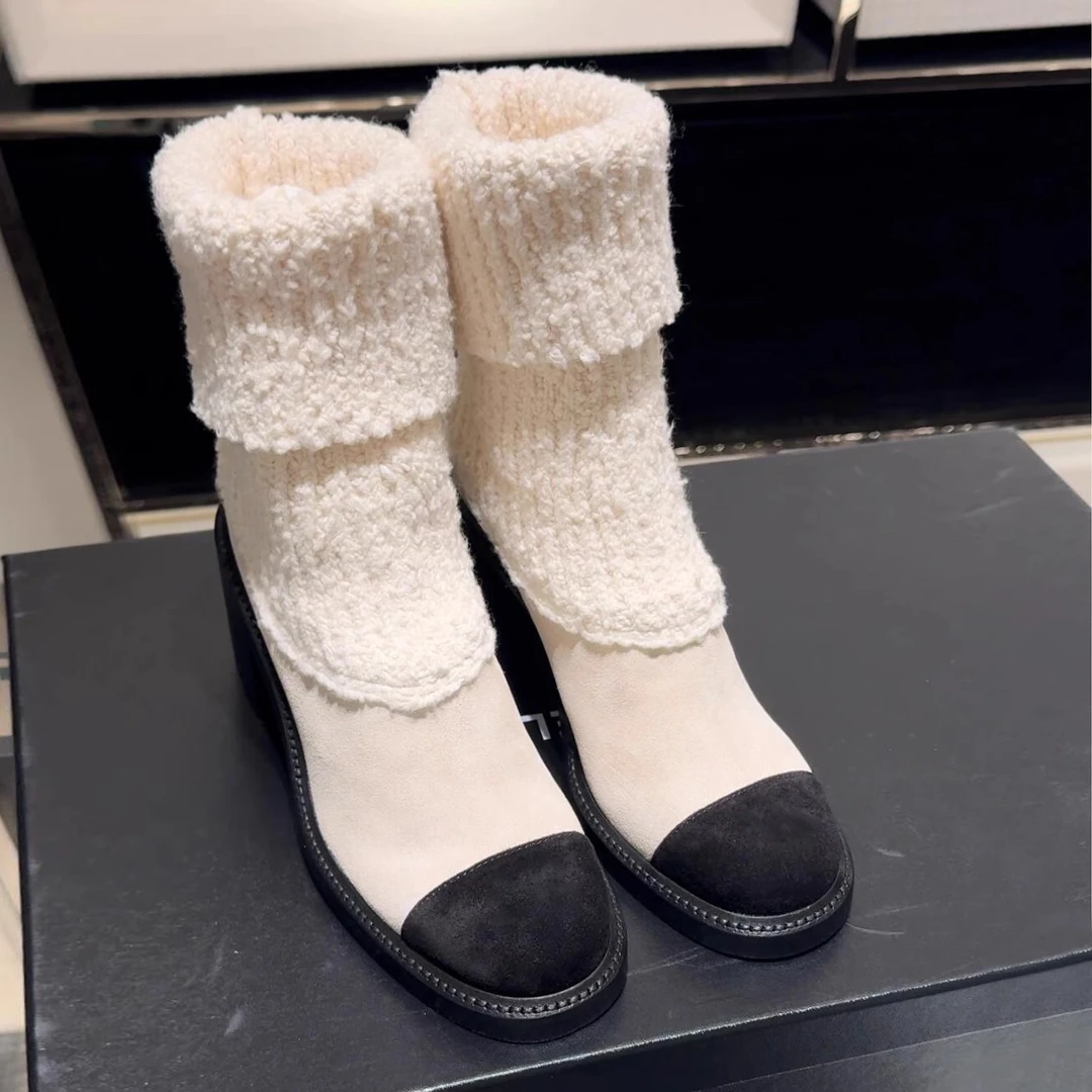 闭眼入~小香风针织弹力袜子靴女24新款真皮毛呢拼色高跟瘦瘦短靴