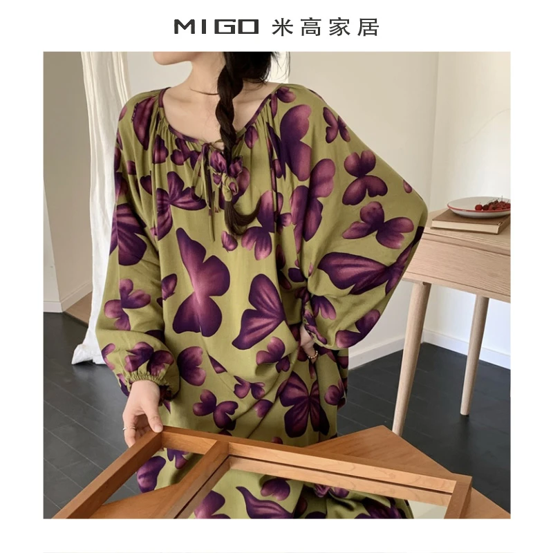 【米高家居】夏季宽松少女女款睡衣家居服中式慵懒风印花长袖套装