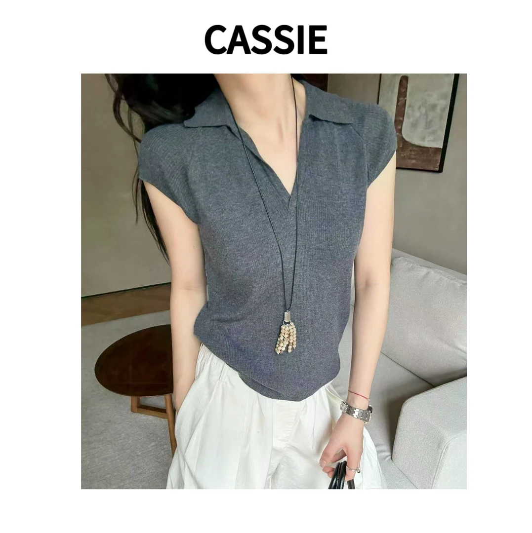 CASSIE老钱风polo简约纯色休闲翻领针织衫短 袖春夏气慵懒风上衣