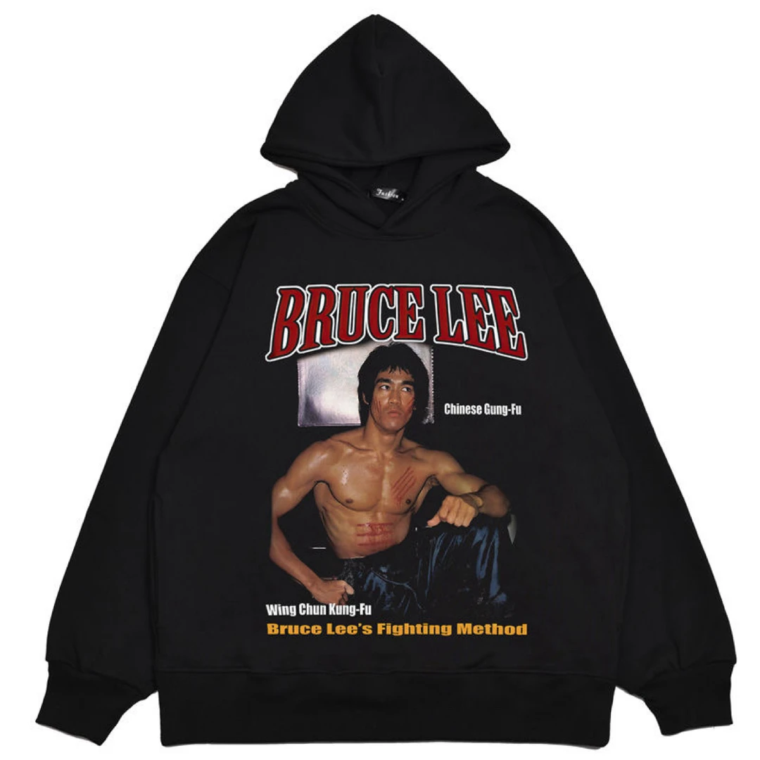 BruceLee李小龙美式复古高街印花宽松款重磅连帽卫衣男vintage