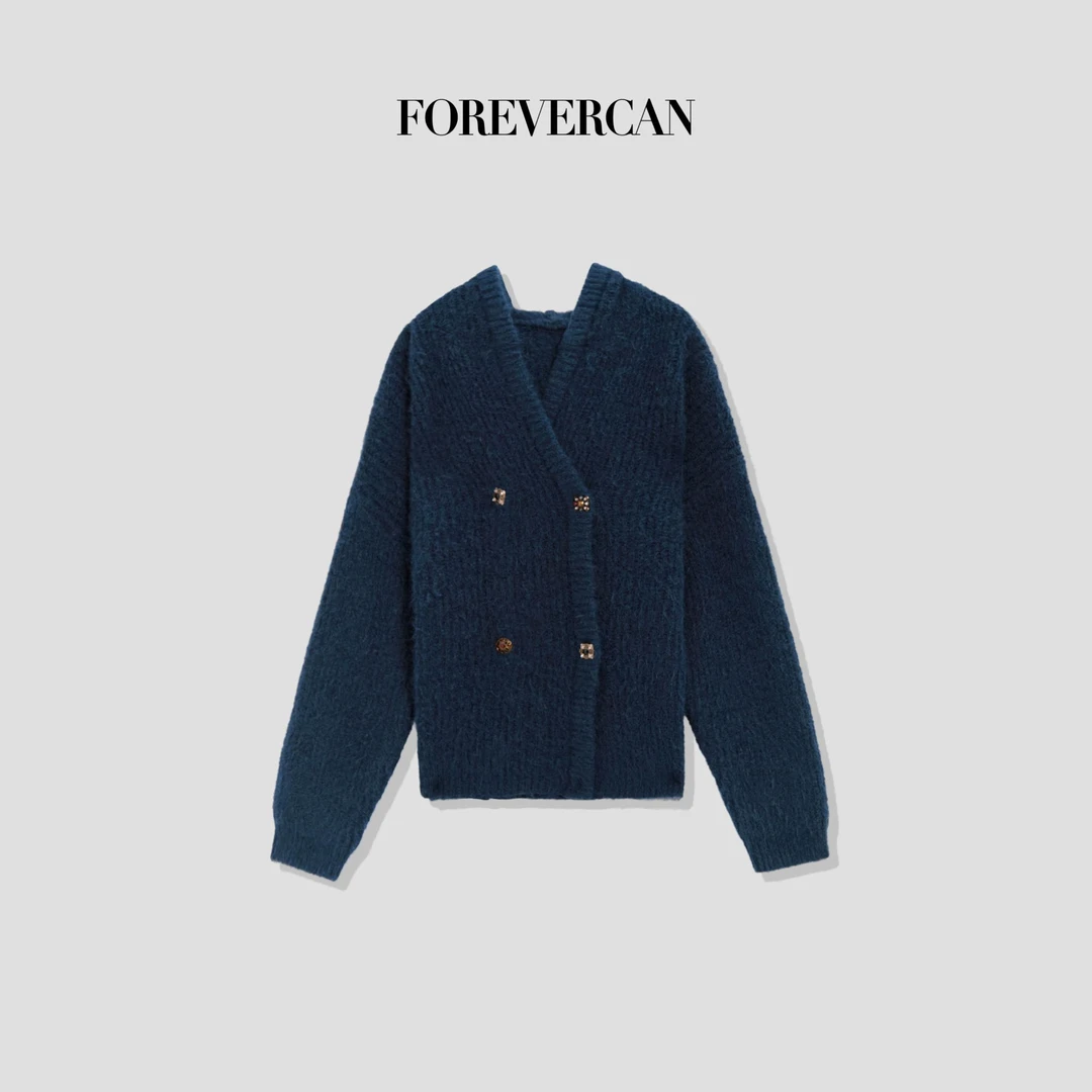 FOREVERCAN“波尔图”客定重工金属扣双排扣连帽针织毛衣外套MY4306