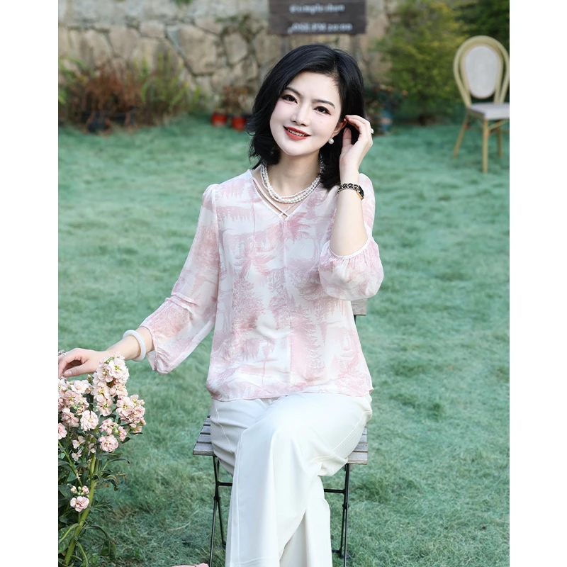 枫竺阿楠anan 锦瑟悠悠 桑蚕丝气质编条V领显瘦印花真丝小衫女春