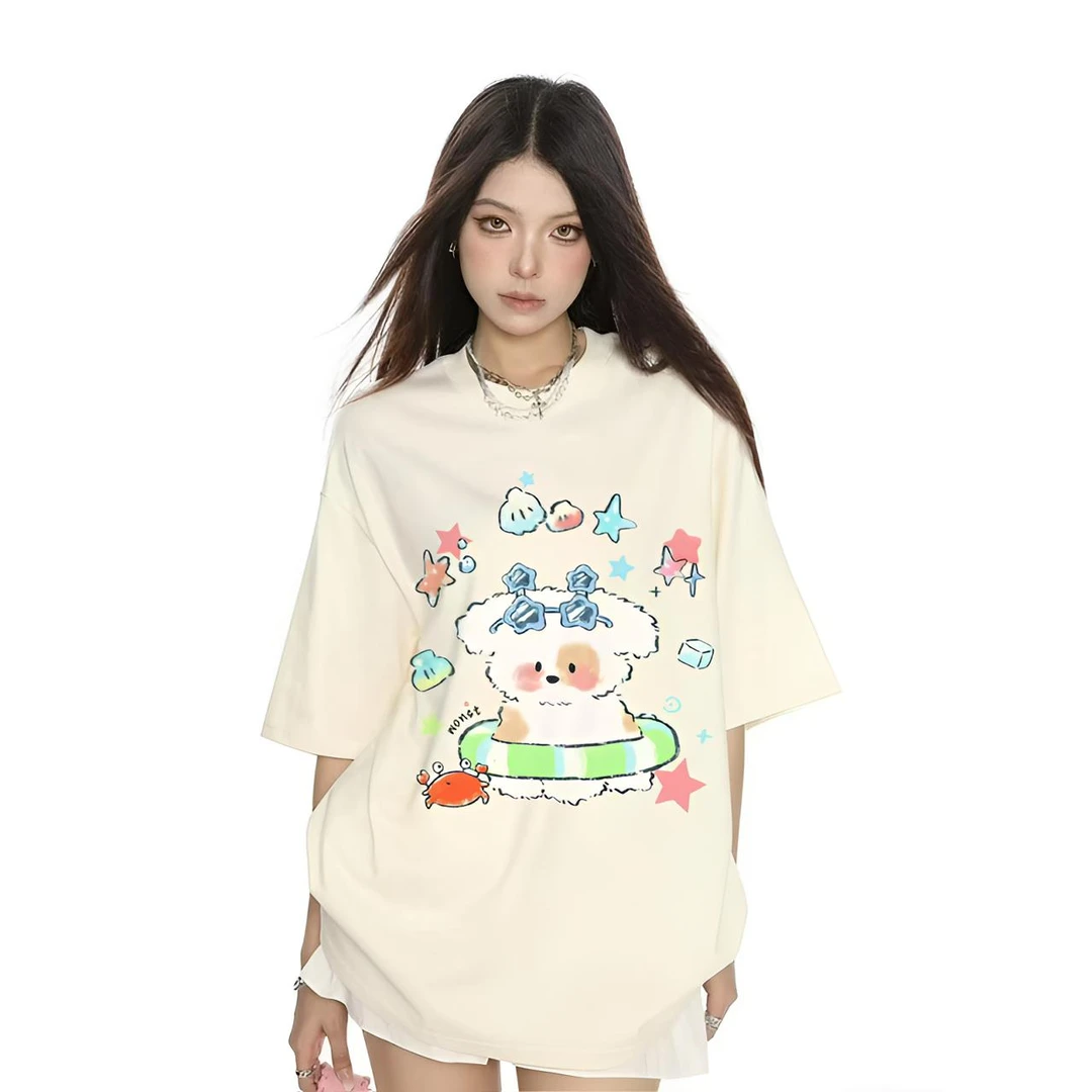 WONST【泳圈小狗】重磅300G 纯棉康利数码直喷 宽松圆领短袖T恤