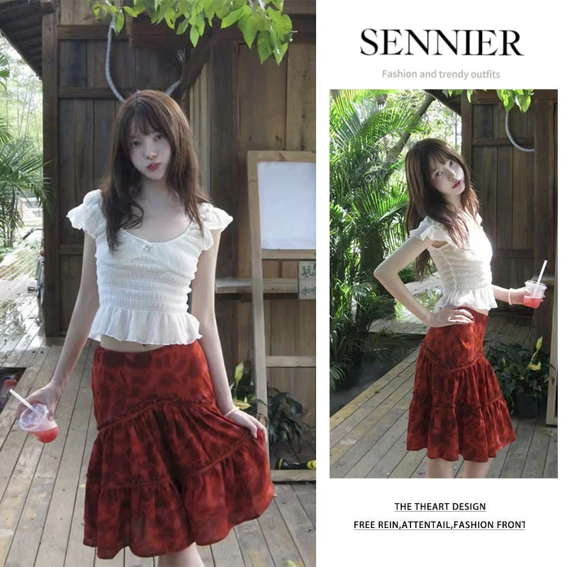 韩系穿搭2025夏季新款荷叶边修身短袖上衣显瘦A字半身裙两件套女