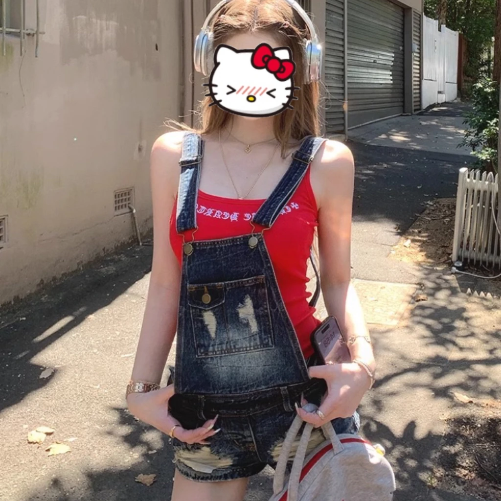美式辣妹牛仔背带裤女2025夏季新款破洞设计感小个子百搭显瘦短裤