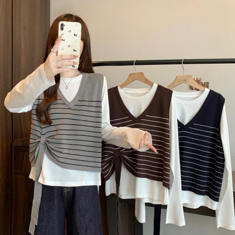 大码女装2025秋冬新款打底衫显瘦条纹长袖上衣针织马甲两件套2250