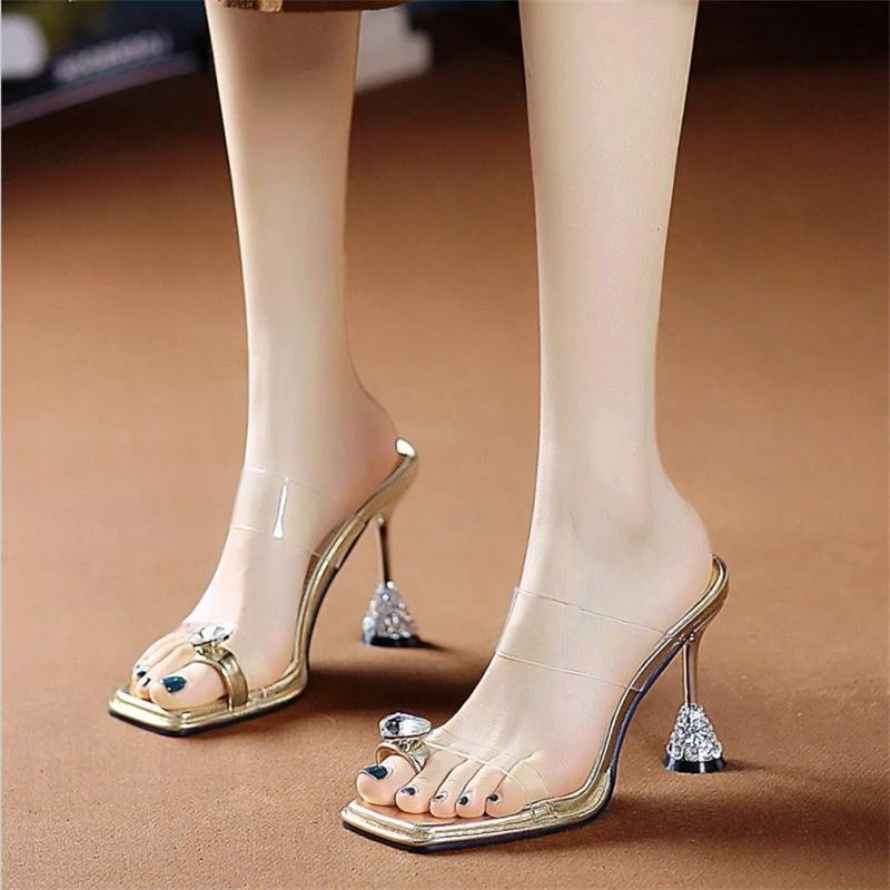 透明带高跟鞋性感水钻凉鞋2025夏季新款方头欧美风细跟凉拖鞋批发