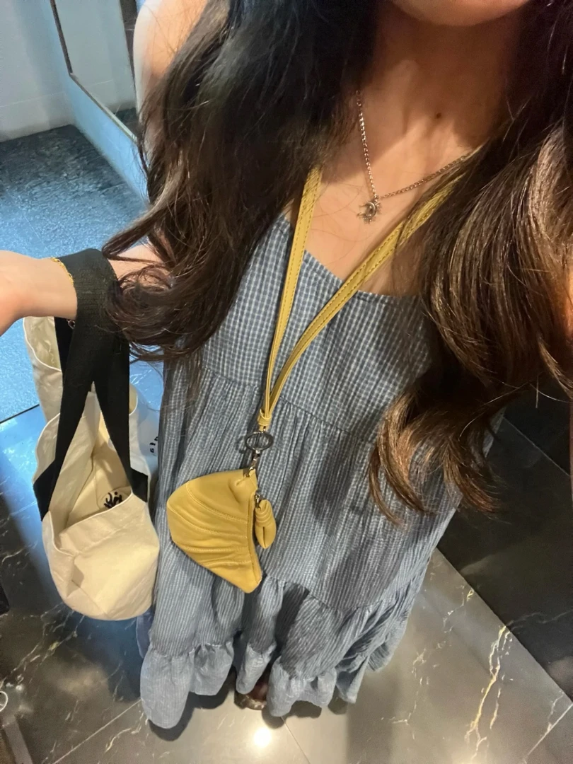 @2555【小蓝调】蓝色格纹吊带连衣裙温柔风甜美超仙海边度假裙