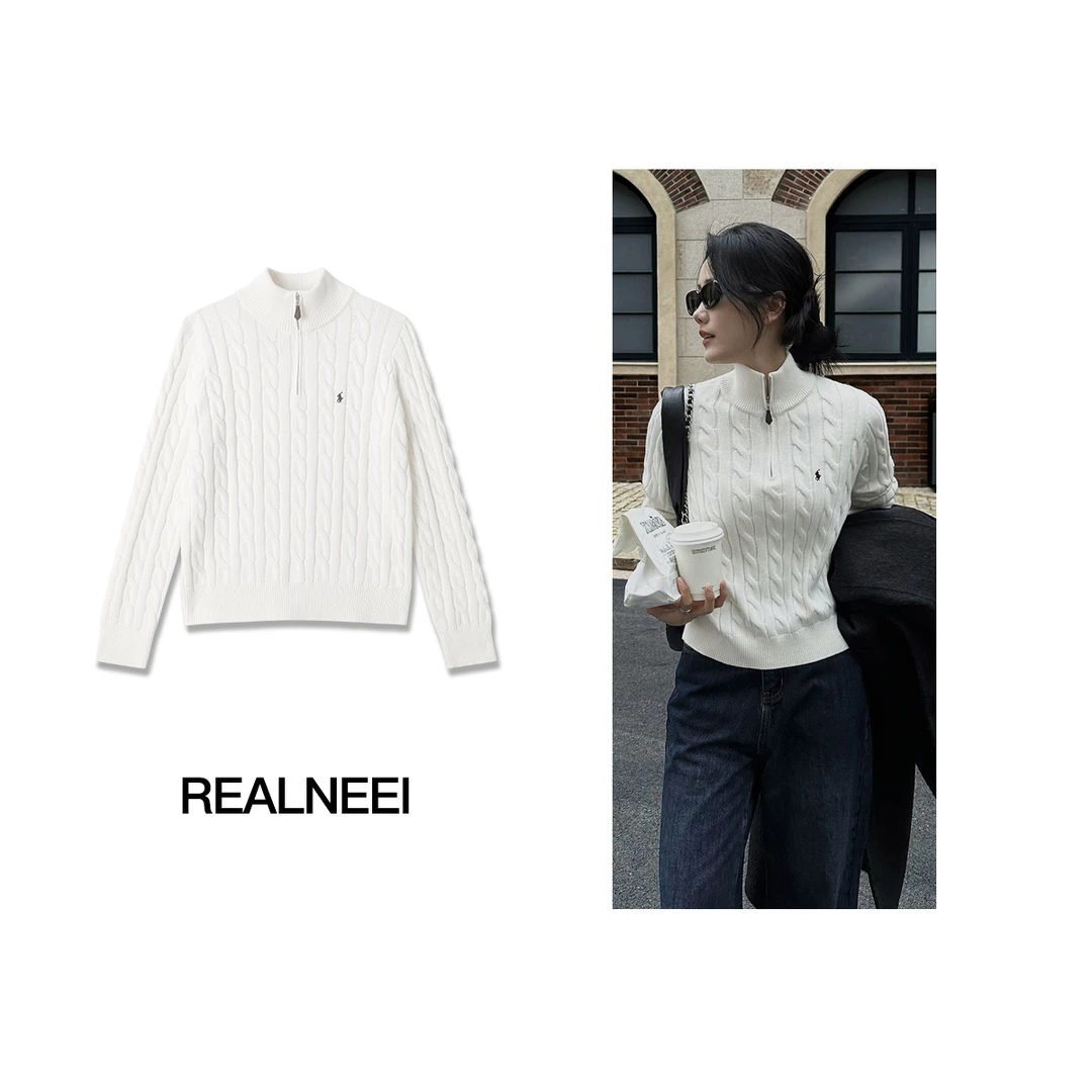 RL澳白丨25年秋冬季新品拉夫经典绞花编织棉感半拉链针织衫23688