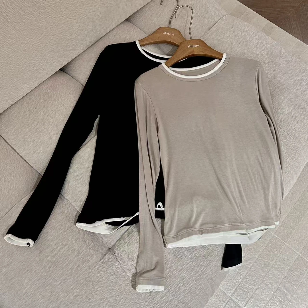 秋季新款圆领舒适百搭气质撞色显瘦打底衫（衣长56）