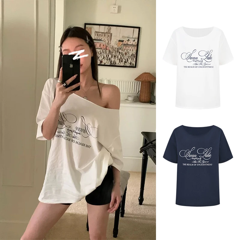 Moses Queen/魔西女王辣妹斜肩短袖T恤夏设计感百搭性感露肩上衣