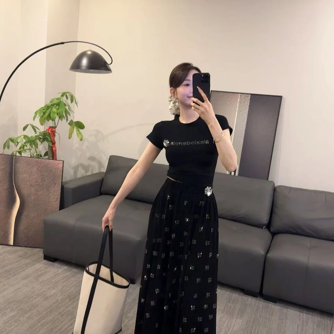 【OS&oneshow】中长款A字裙短袖女高腰显瘦伞裙套装烫钻度假半身裙