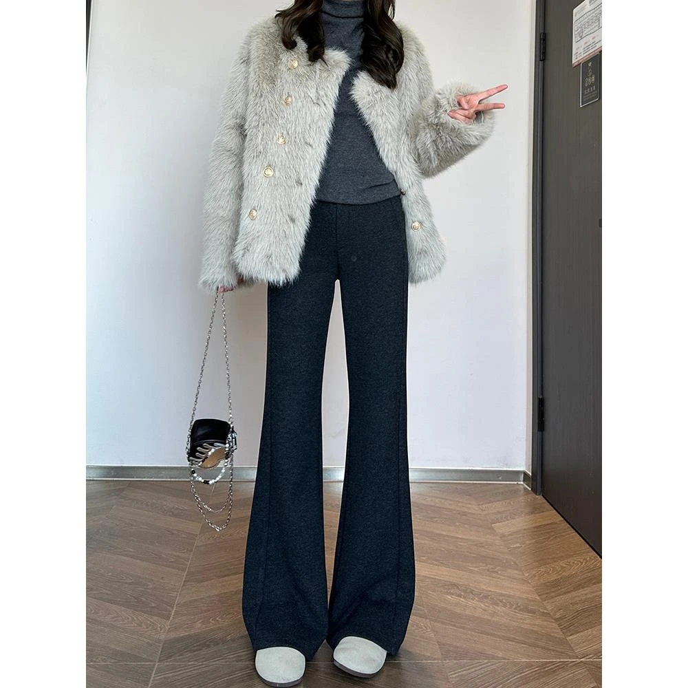 窄版微喇裤女高个子加长版加绒加厚休闲新款醋酸羊毛呢拖地喇叭裤