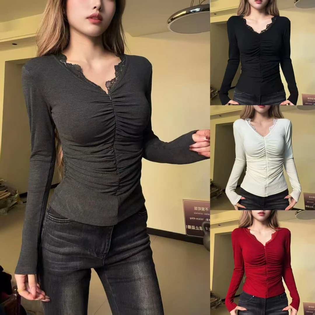 设计感加绒蕾丝拼接T恤时尚收腰显瘦打底衫女秋冬季纯欲风上衣