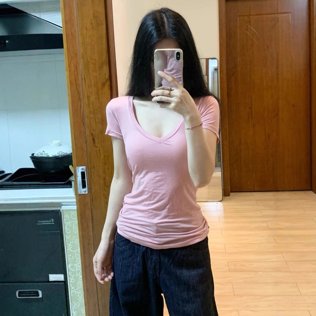 粉色天丝凉感V领收腰短袖正肩女t恤2025新款夏季修身显瘦辣妹上衣