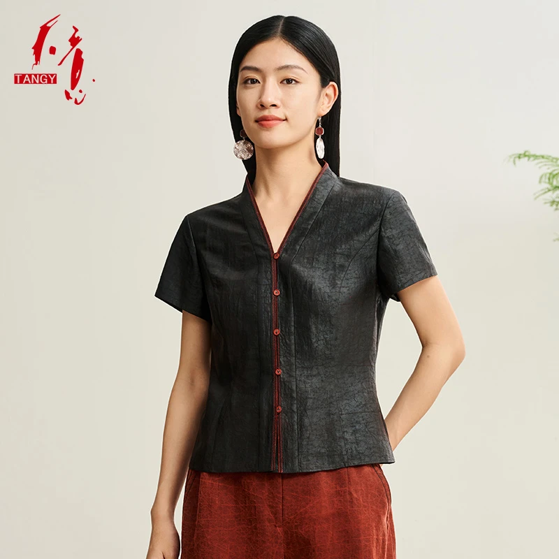 TANGY/天意2025夏季欧若新中式复古V领女士衬衫 2252051