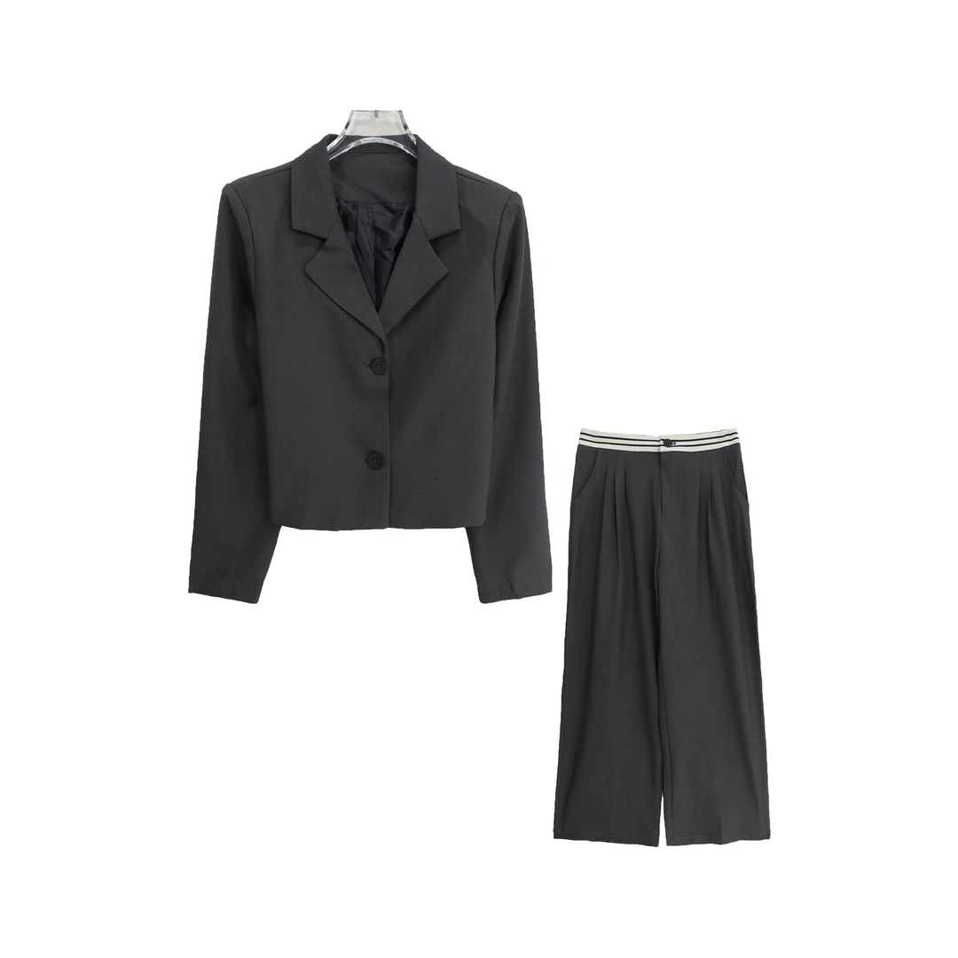 S高级感纯色西装领短上衣高腰阔腿裤套装S4183