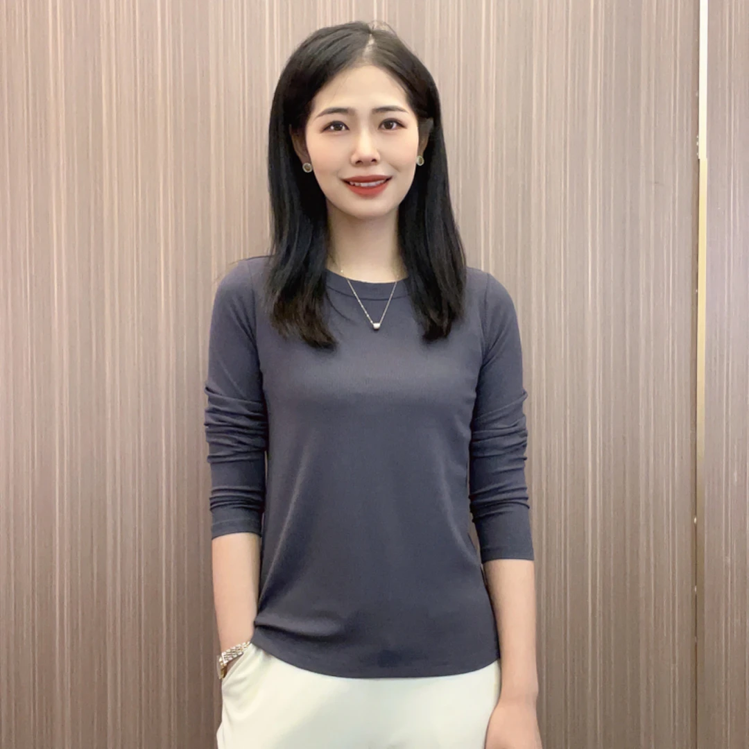 秋季时尚纯色休闲百搭圆领简约显瘦女士长袖 t 恤打底衫高级罗纹