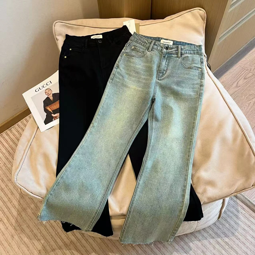 豆子推荐【微喇裤】26809 春季高腰显瘦腰带设计感水洗牛仔裤百搭